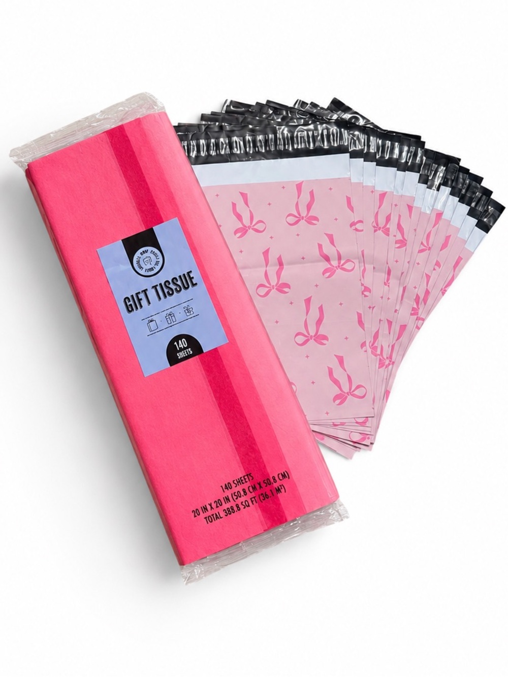 140 Pink Gift Tissue Paper Sheets + 15 Pink Bow Poly Mailers 10x13 Bundle